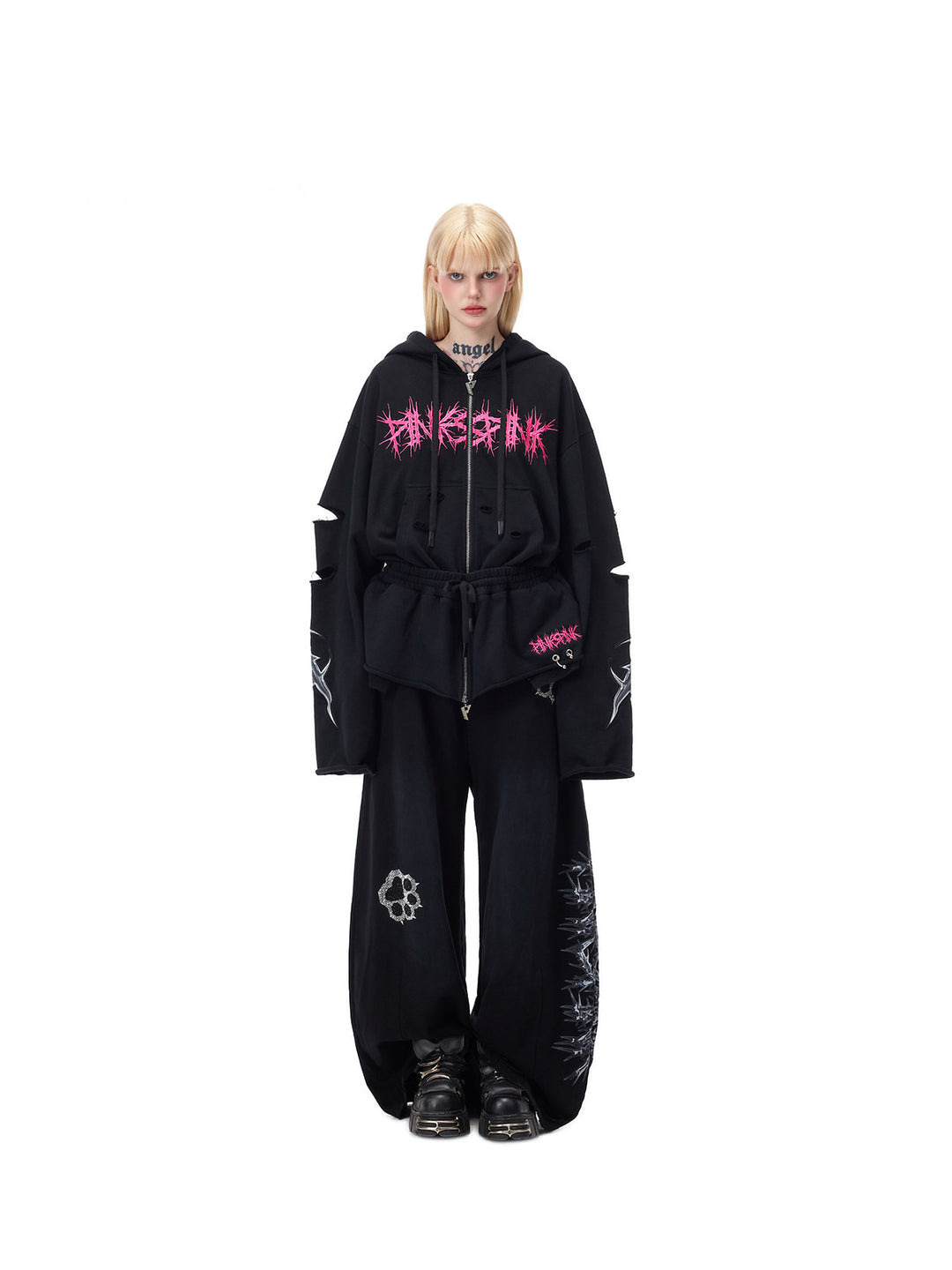 PINKSPINK MOHAWK RITUAL studded zip-up hoodie — front full-length view of roomy silhouette