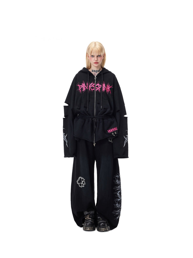 PINKSPINK MOHAWK RITUAL studded zip-up hoodie — front full-length view of roomy silhouette