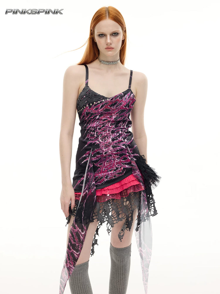 PINKSPINK NEON RIFT asymmetrical lace-trim mini dress — front modeled detail of pink print and ruffles
