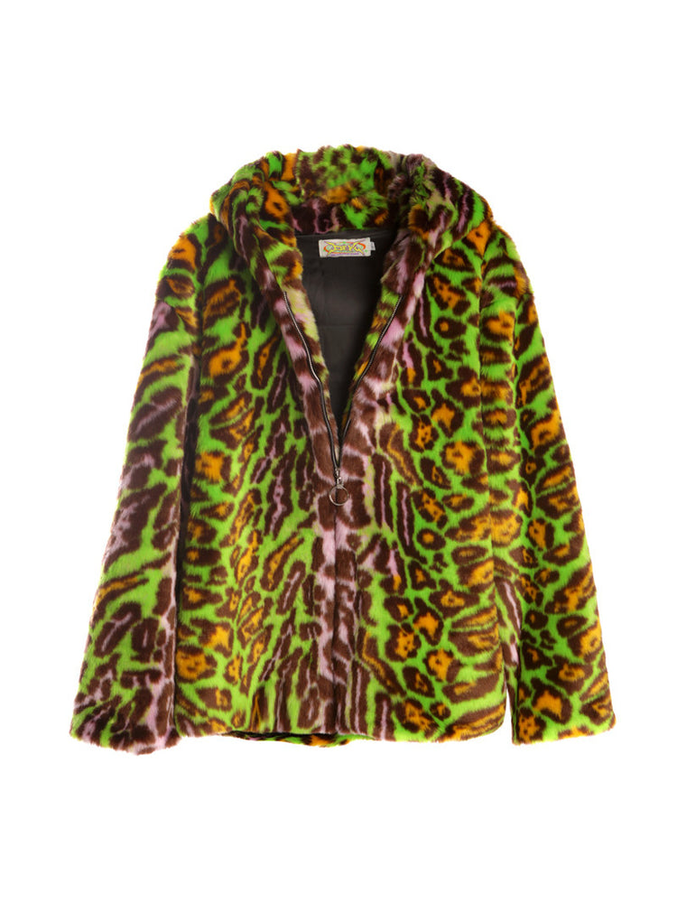 DeadEndKids leopard-print faux-fur hooded jacket in yellow green — front garment-only view with hood down