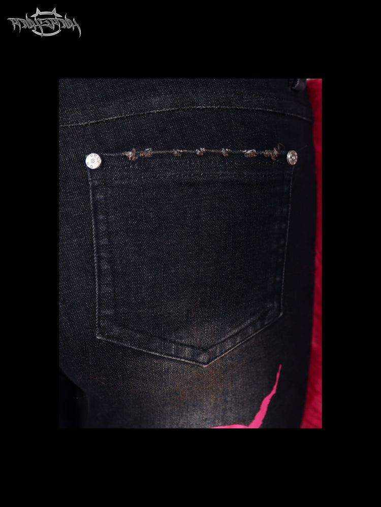 PINKSPINK BARBIE faux-fur flared jeans in PINK — distressed rear pocket detail.