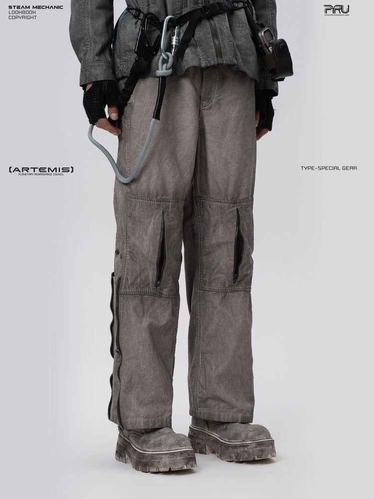 PIONEER meteor gray knee-mesh utility work pants — opposite three-quarter modeled view