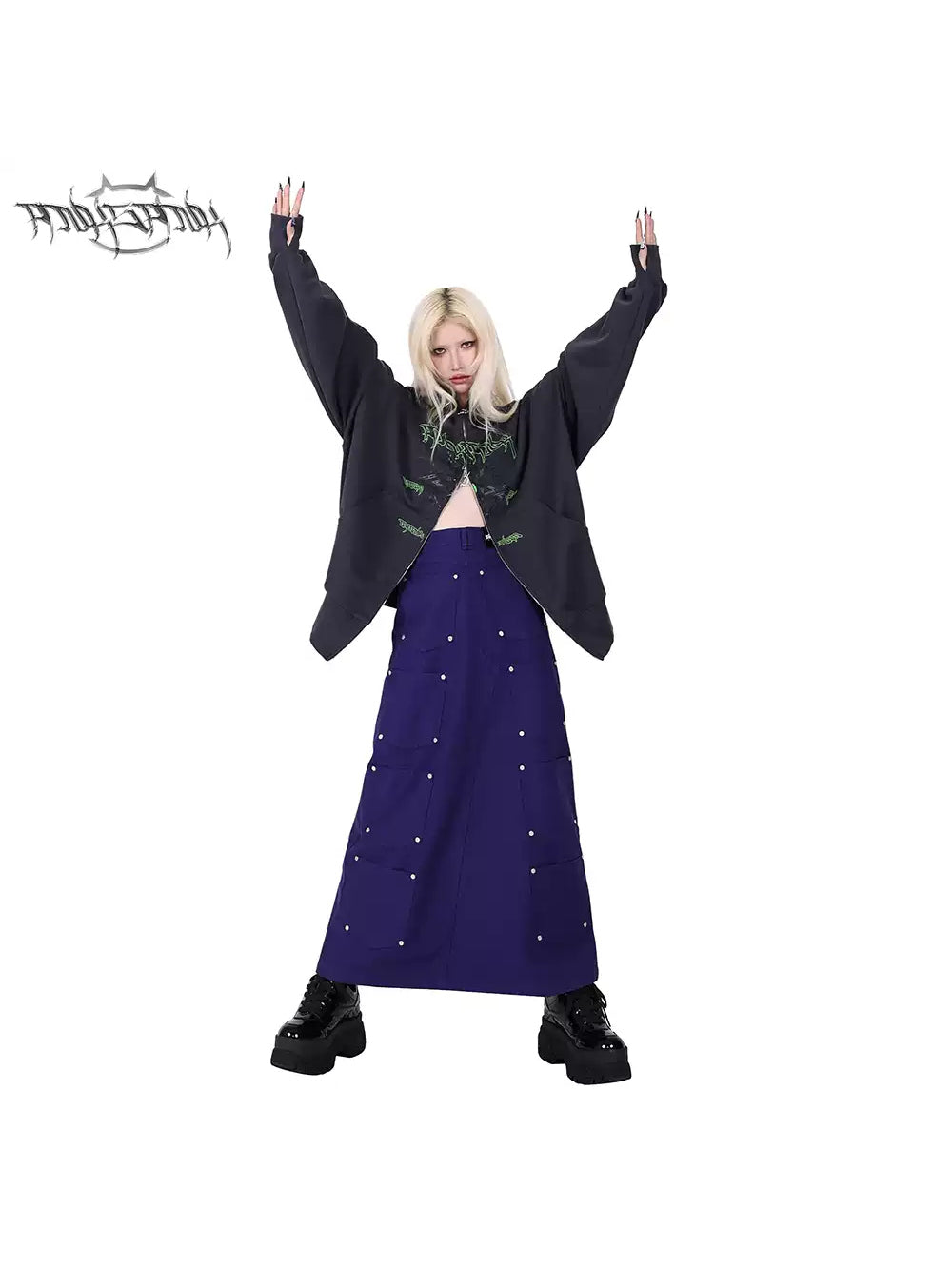 PINKSPINK DNA reconstructed multi-pocket denim maxi skirt — front full-length modeled view styled with the balaclava zip hoodie