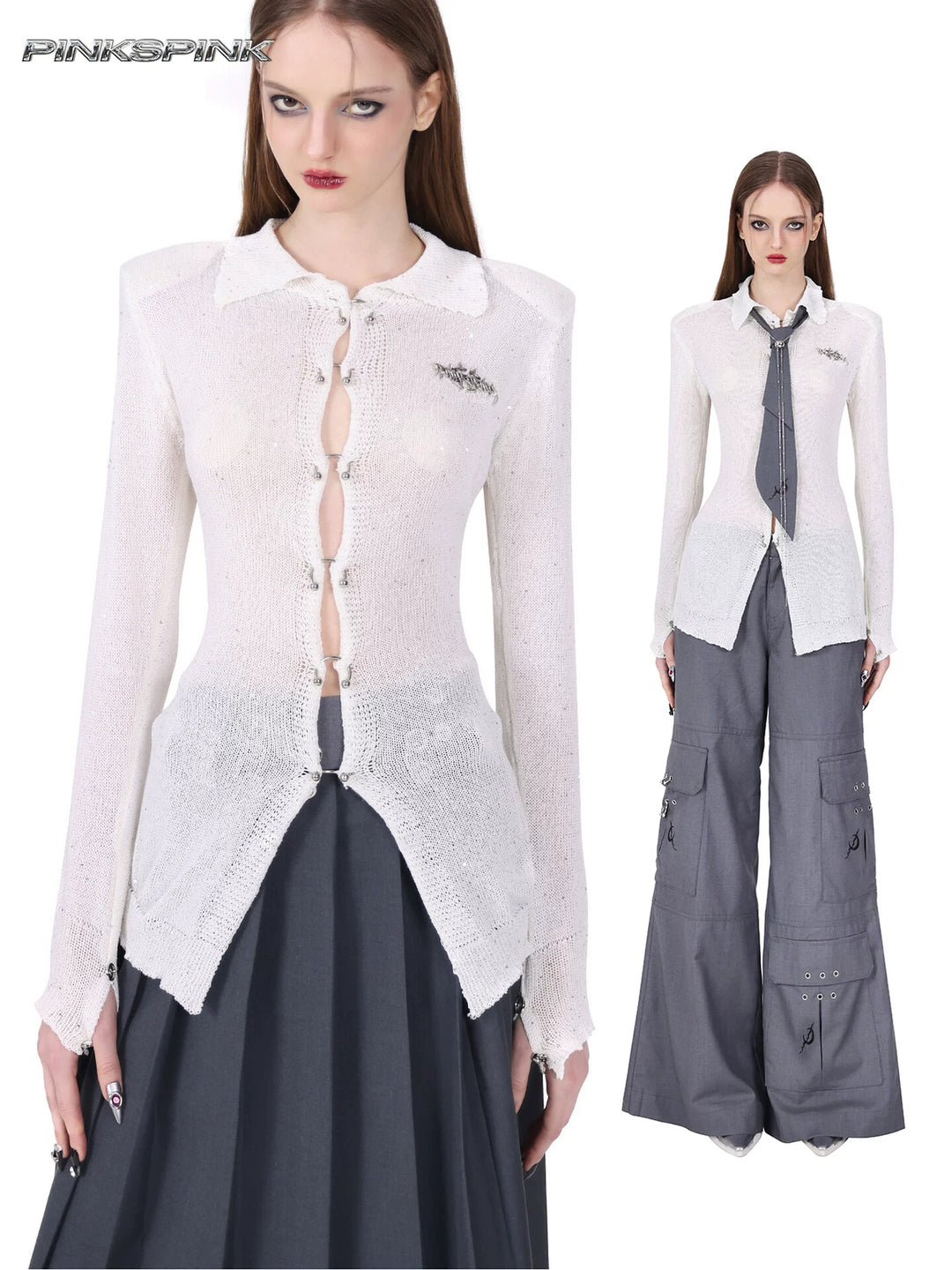 PINKSPINK ELECTRIC MOON ring-fastened sequin knit shirt in white — collage of a close front view and full-length styling with gray cargo trousers