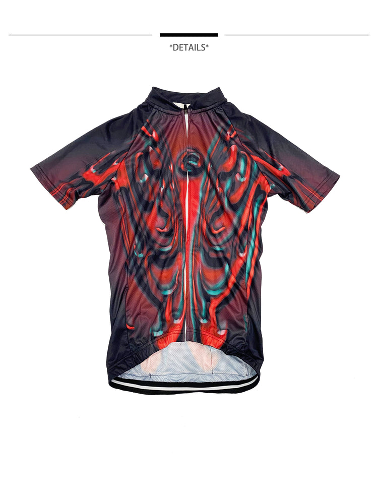 EMBRYO RED SIGNAL fitted cycling top — alternate modeled angle