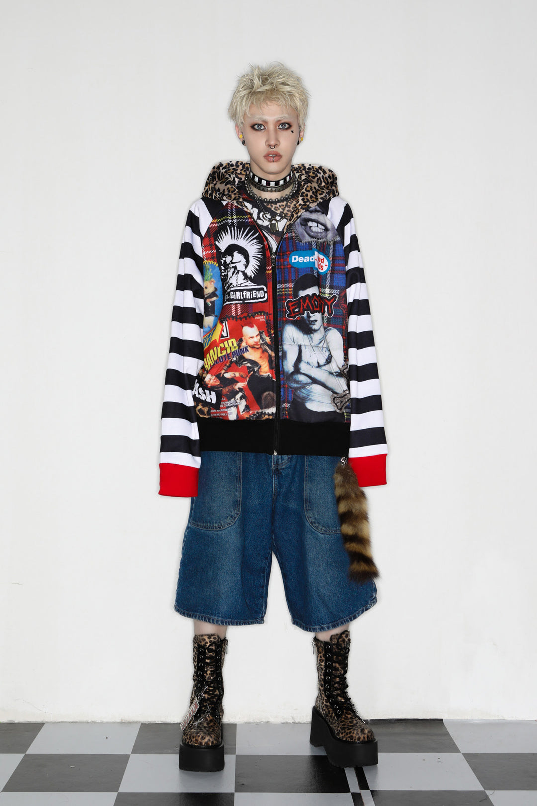 DEADENDKIDS PUNK COLLAGE fleece zip hoodie — full-length modeled view