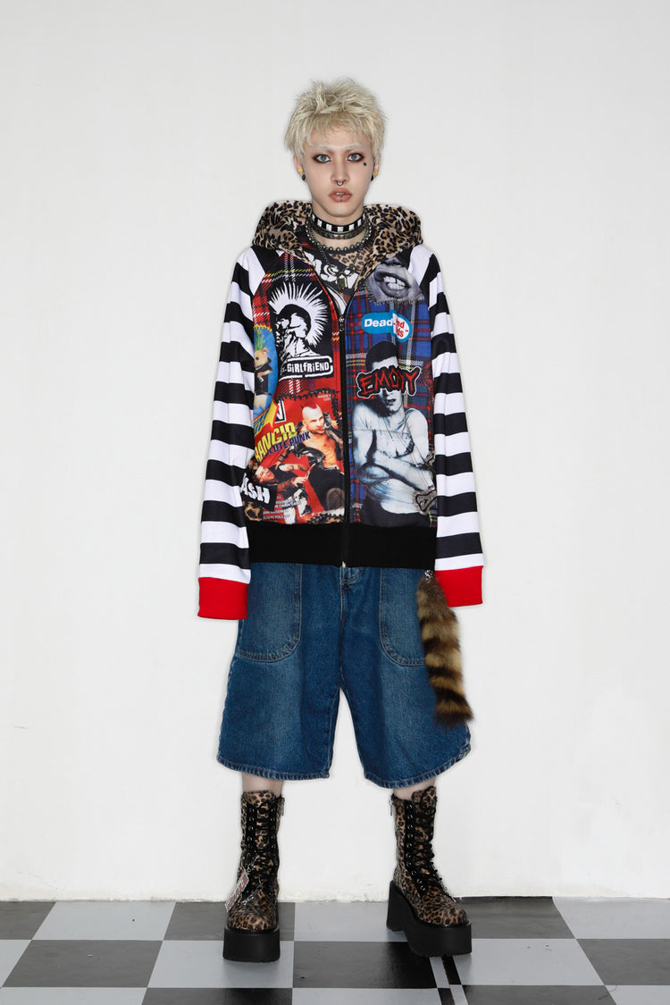 DEADENDKIDS PUNK COLLAGE fleece zip hoodie — full-length modeled view