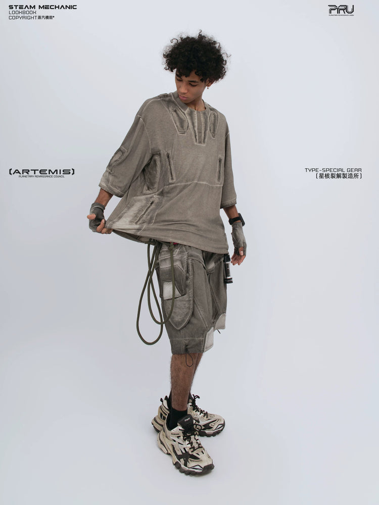 STARCORE xirang brown distressed mesh tee — rear modeled view