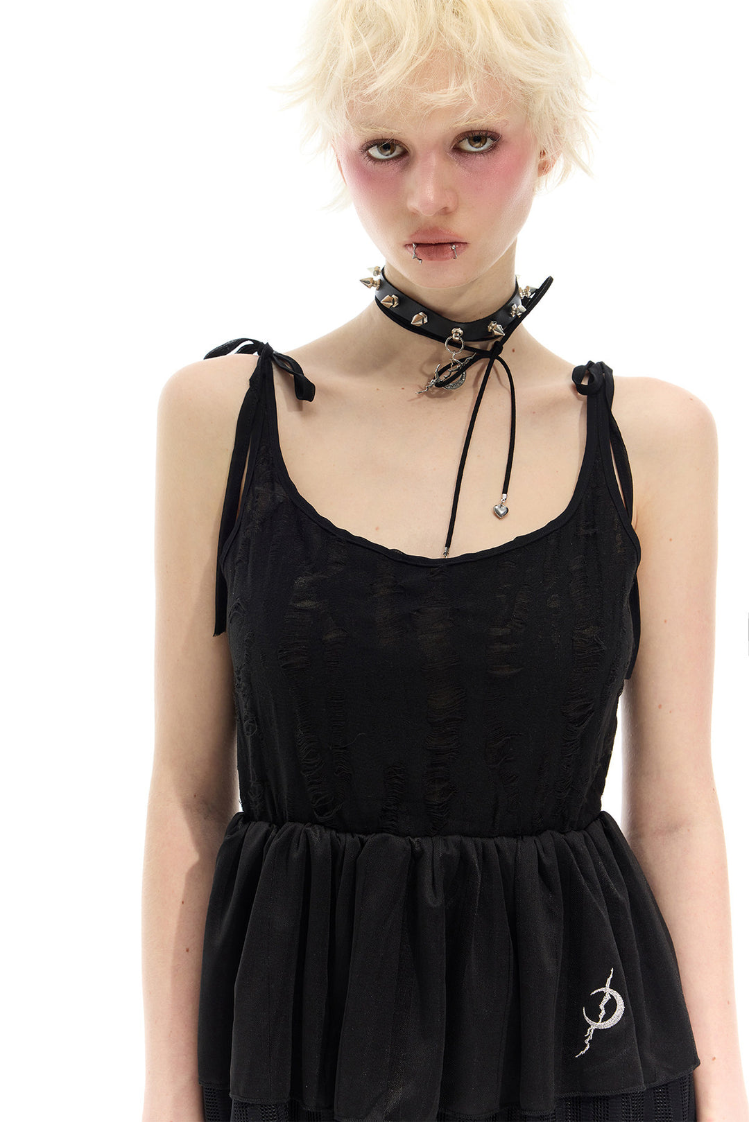 PINKSPINK ELECTRIC MOON two-way layered lace mini dress — black dress — textured bodice and shoulder-tie detail
