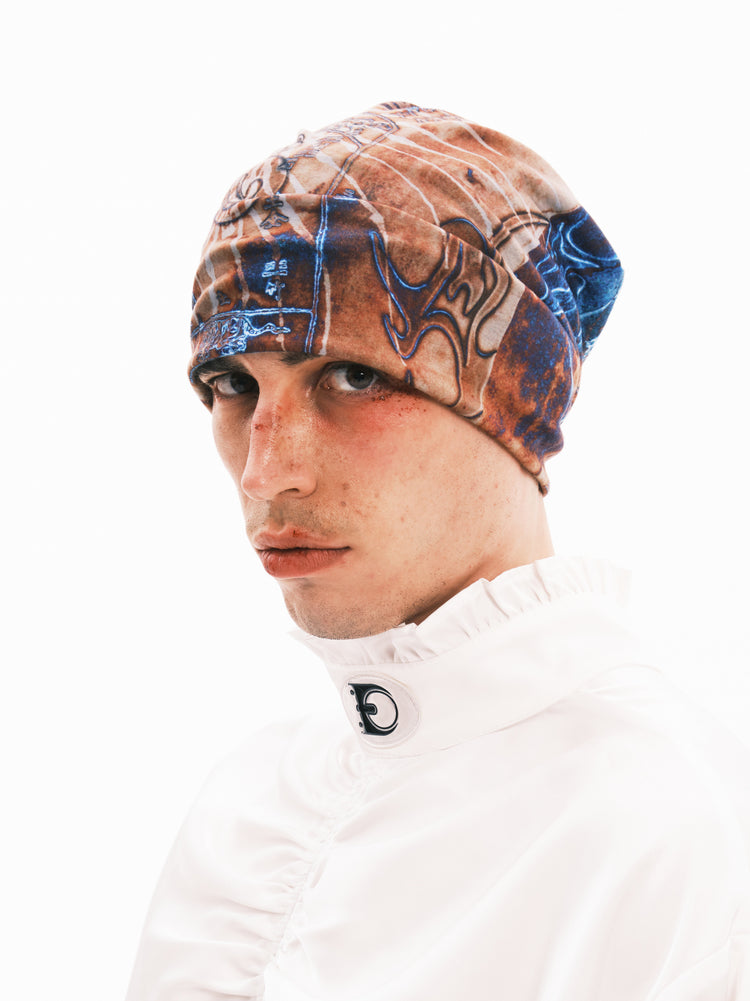 EMBRYO ANCIENT CODE mottled slouch beanie — graphic and construction detail