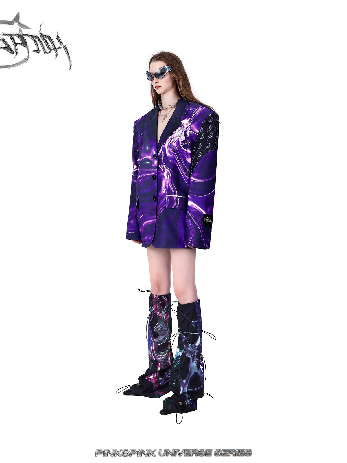 PINKSPINK ELECTRIC MOON layered alloy necklace in silver — side outfit view with a purple blazer