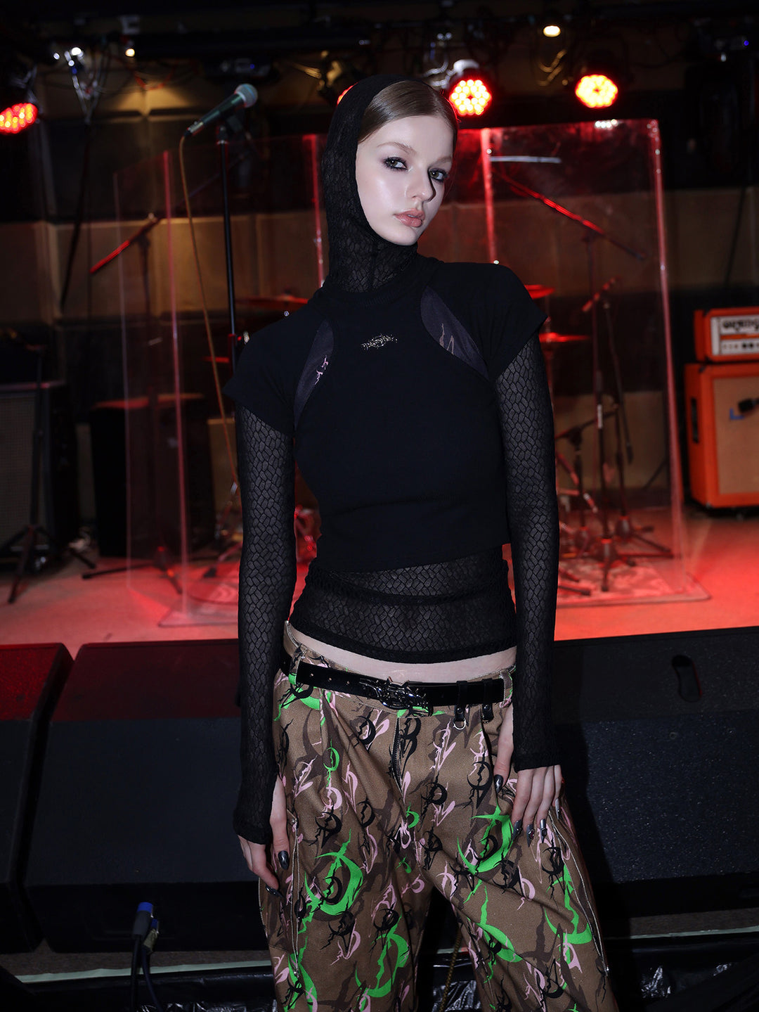 PINKSPINK ELECTRIC MOON fitted mesh crop tee — close front view layered over sheer mesh sleeves