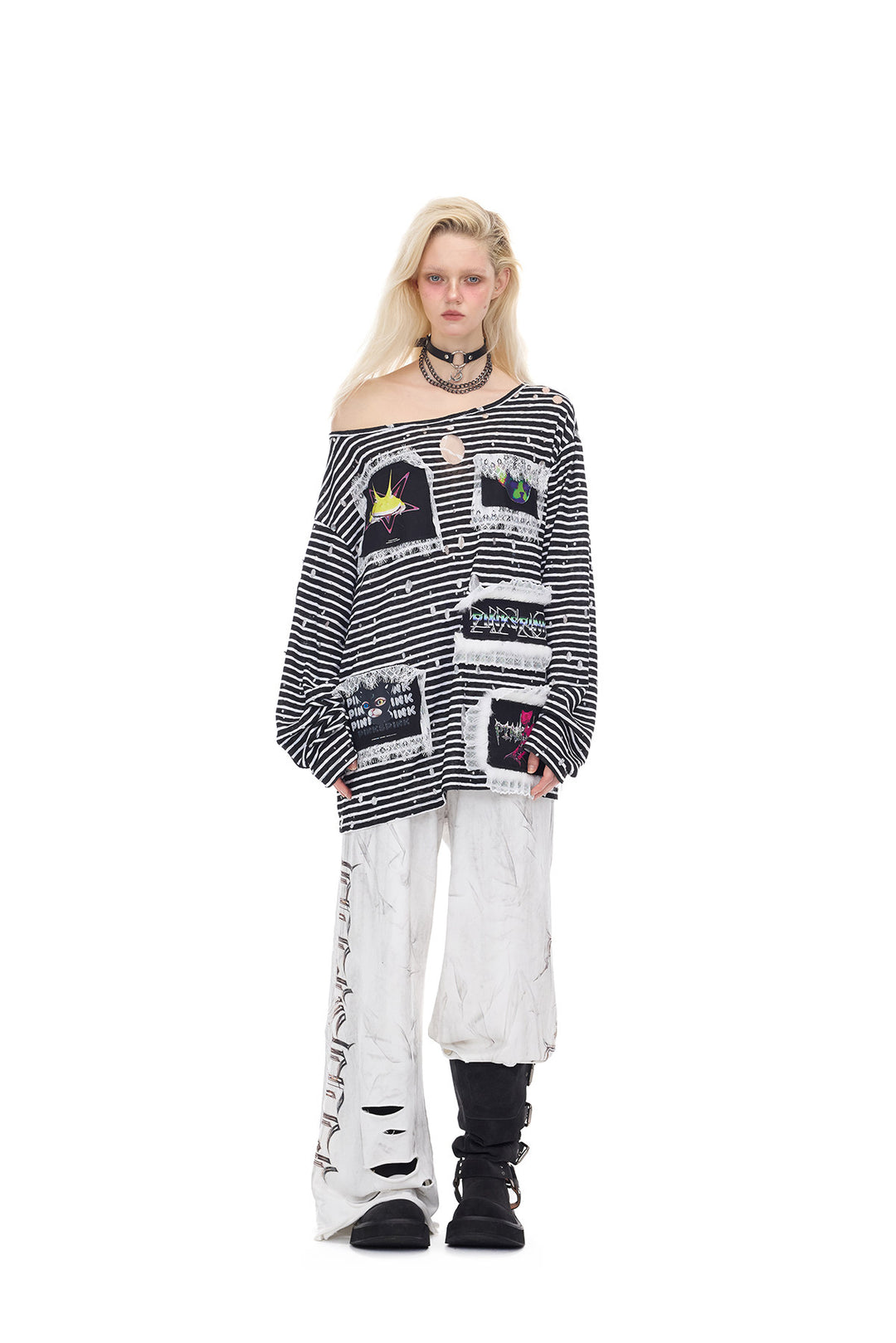 PINKSPINK ELECTRIC MOON coated distressed flare sweatpants — alternate modeled view showing the silhouette