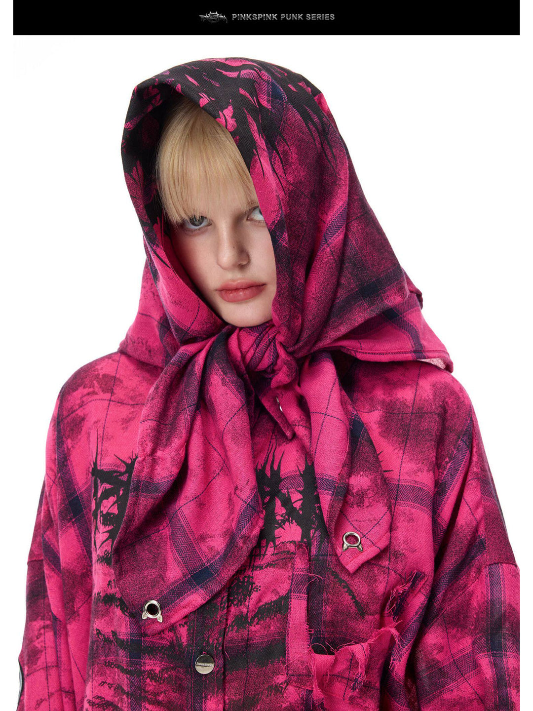 PINKSPINK ELECTRIC MOON distressed oversized plaid shirt in pink and black plaid — close front modeled view styled with a matching head scarf