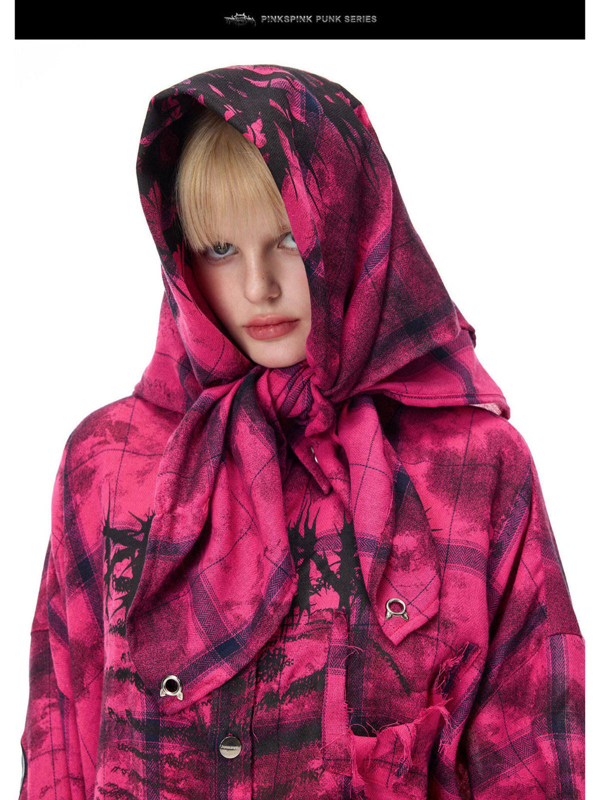 PINKSPINK ELECTRIC MOON distressed oversized plaid shirt in pink and black plaid — close front modeled view styled with a matching head scarf