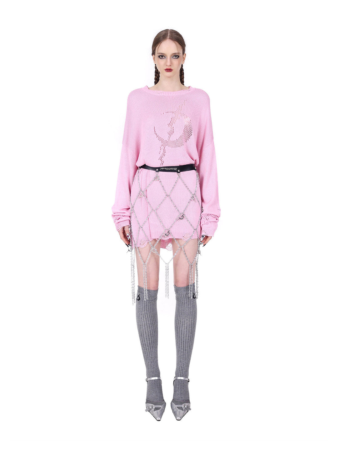 PINKSPINK ELECTRIC MOON distressed open-knit sweater in pink — straight-on belted front view with a separate diamond-chain layer