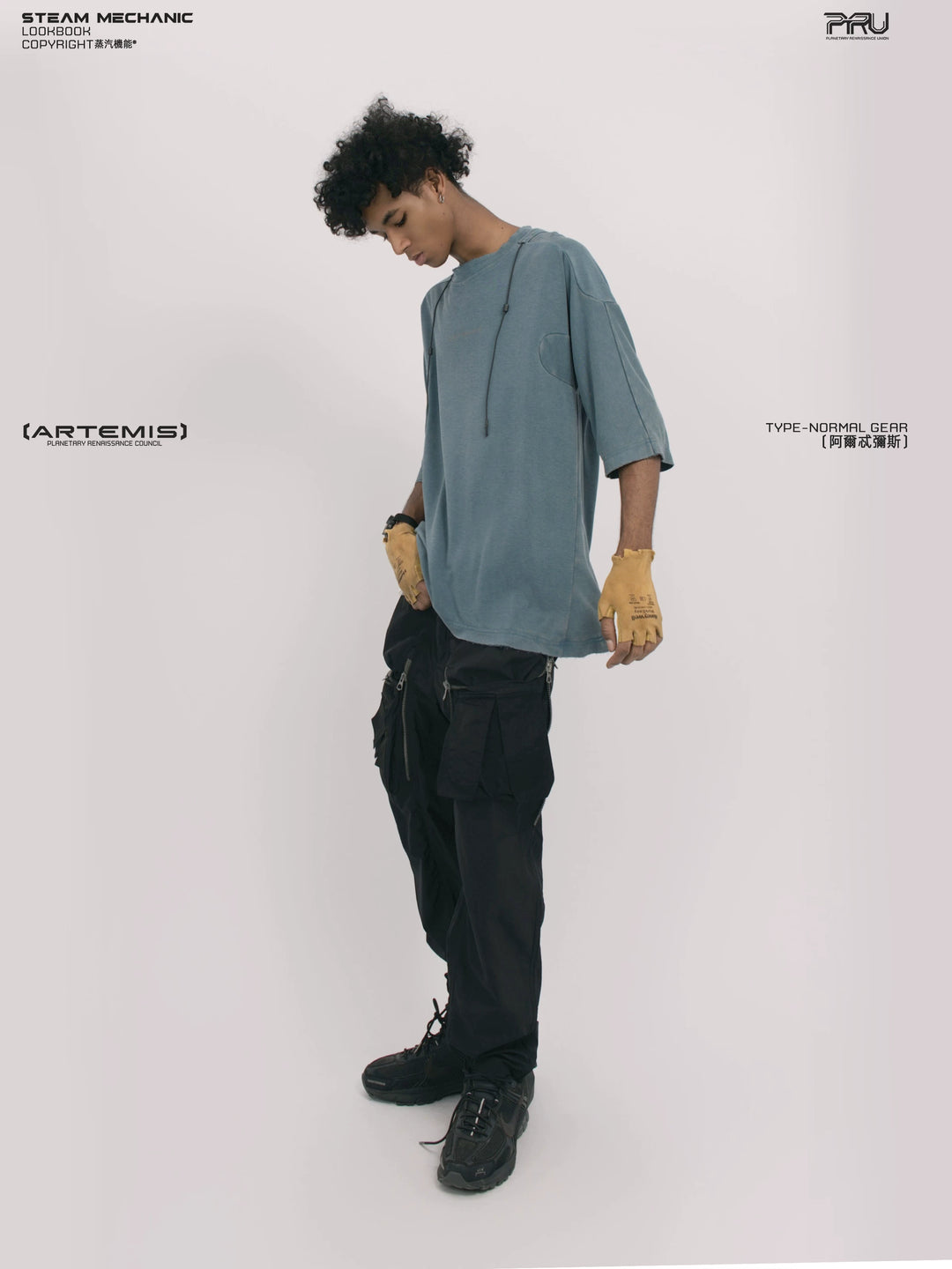 LIGHTSHADOW mycelium blue deconstructed technical tee — full-length styled view