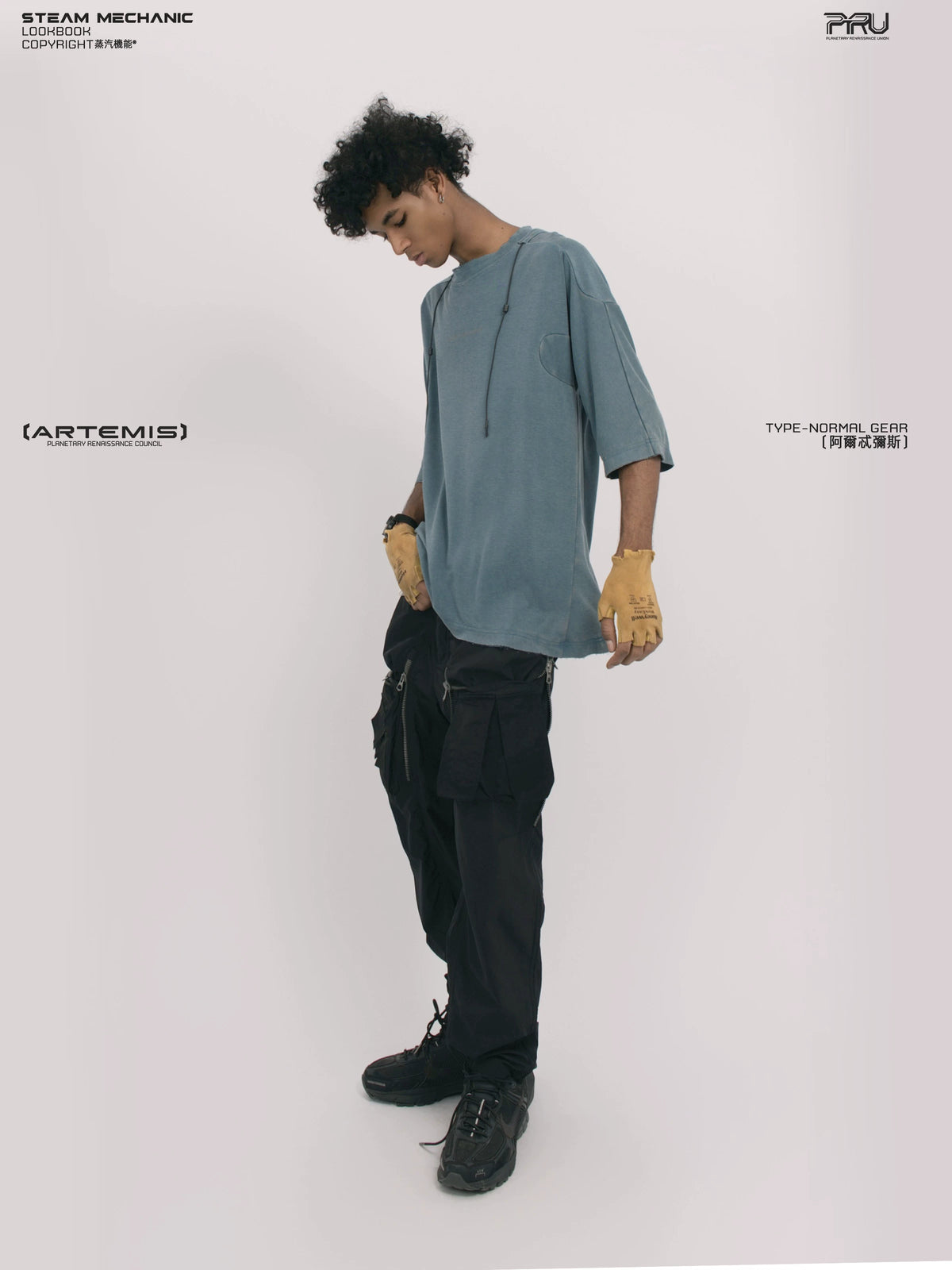 LIGHTSHADOW mycelium blue deconstructed technical tee — full-length styled view
