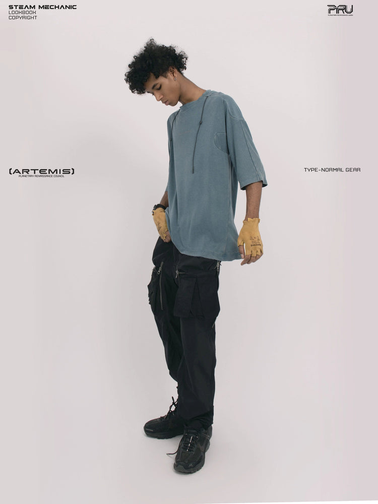 LIGHTSHADOW mycelium blue deconstructed technical tee — full-length angled front view looking down