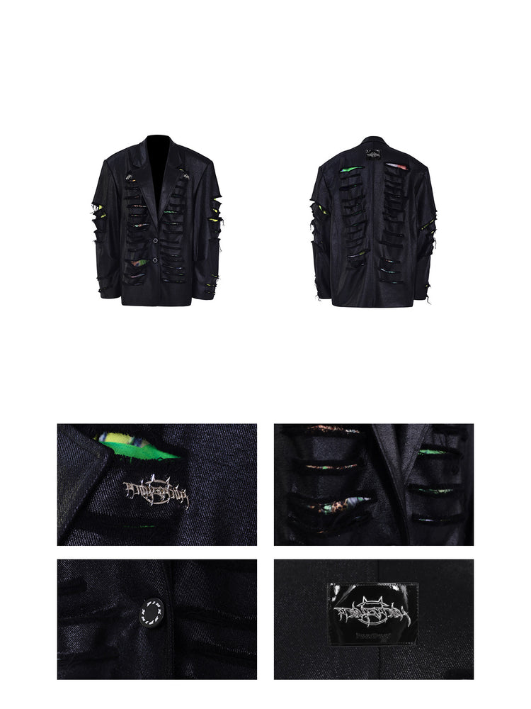 PINKSPINK BREACH distressed coated oversized blazer in black — front and back garment comparison with close-ups of the metal details, slashes, button and rear label