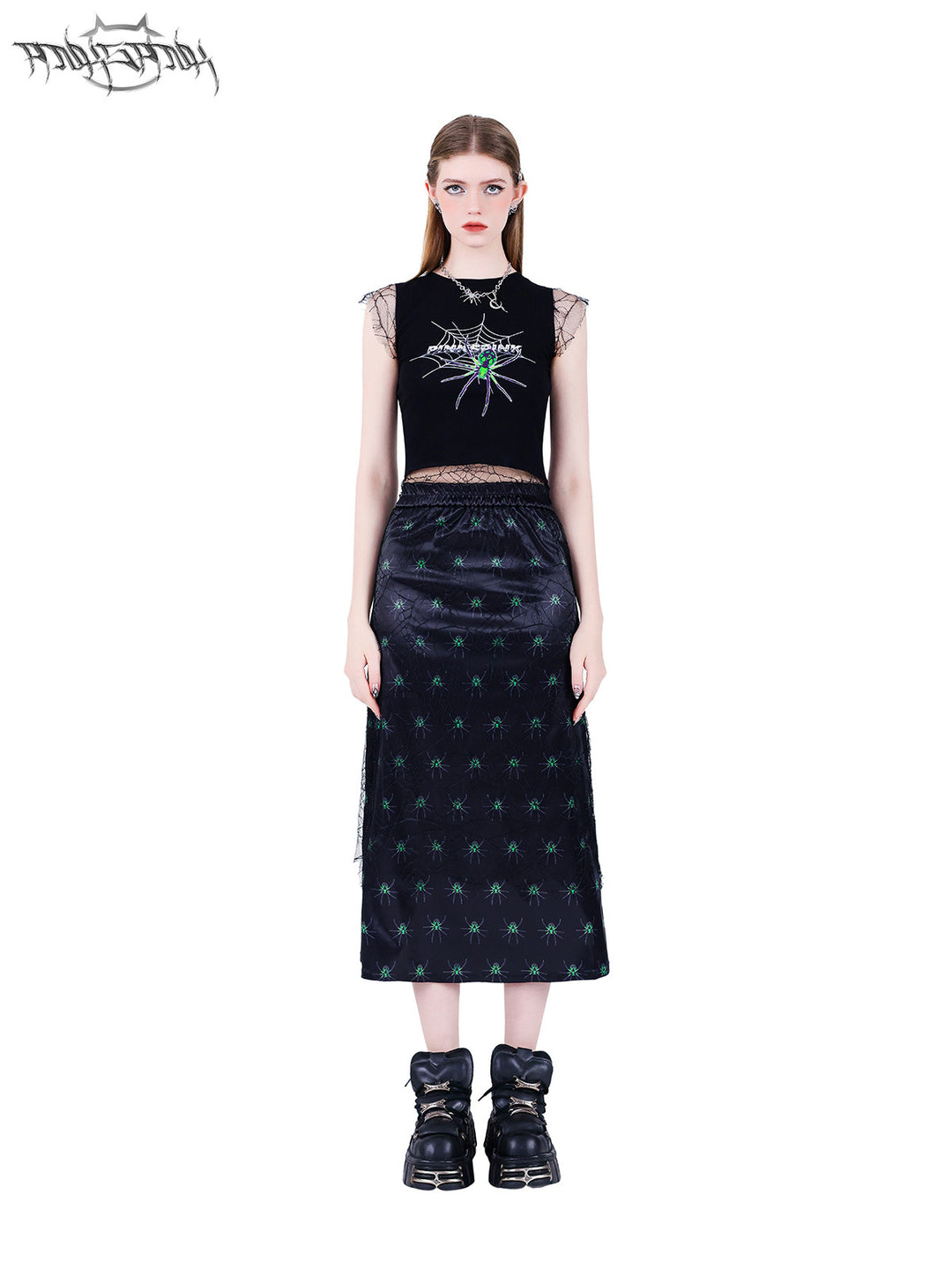 PINKSPINK SPIDER layered web-mesh midi skirt — front full-length modeled view styled with a web-print crop top
