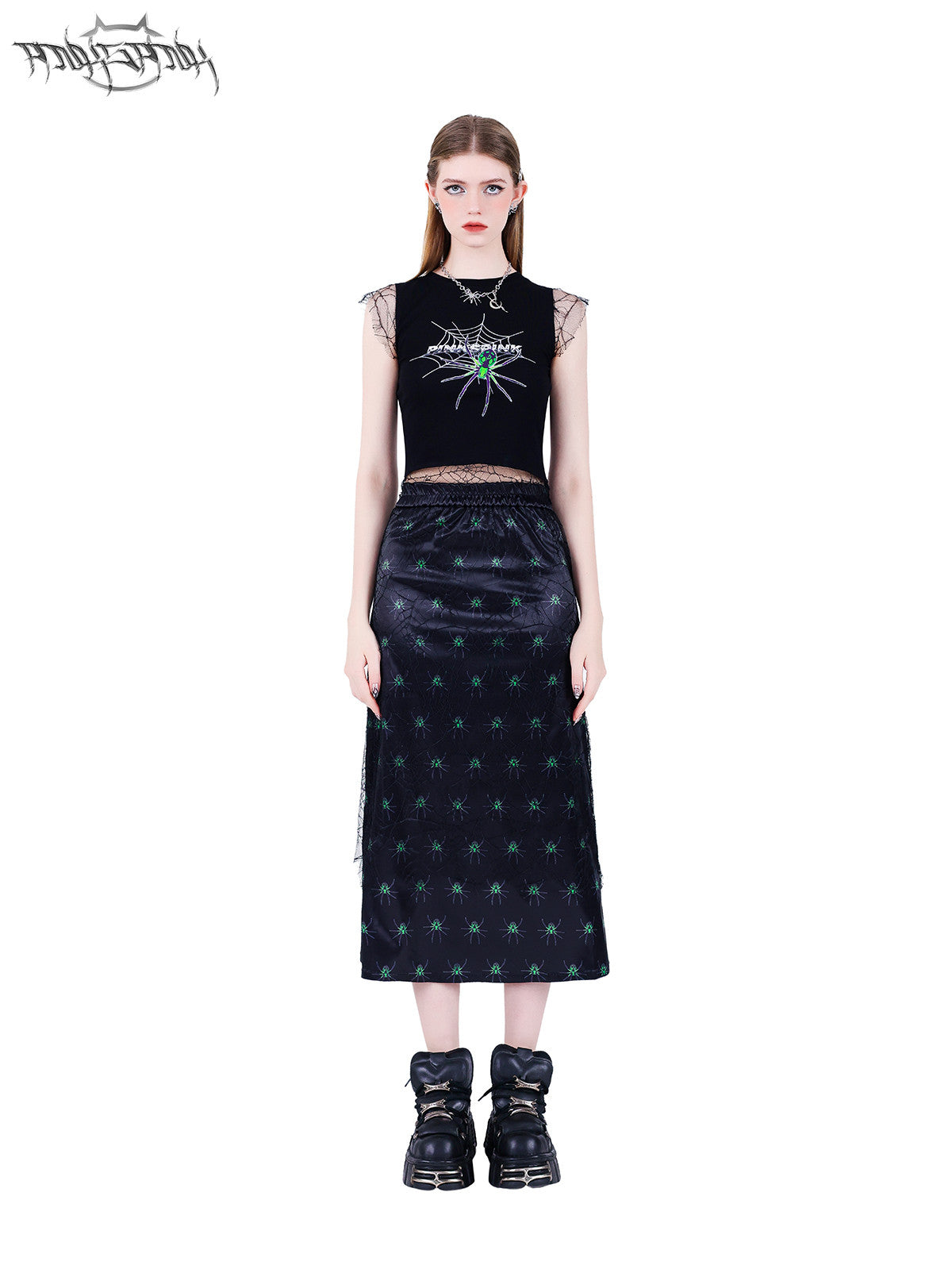 PINKSPINK SPIDER layered web-mesh midi skirt — front full-length modeled view styled with a web-print crop top
