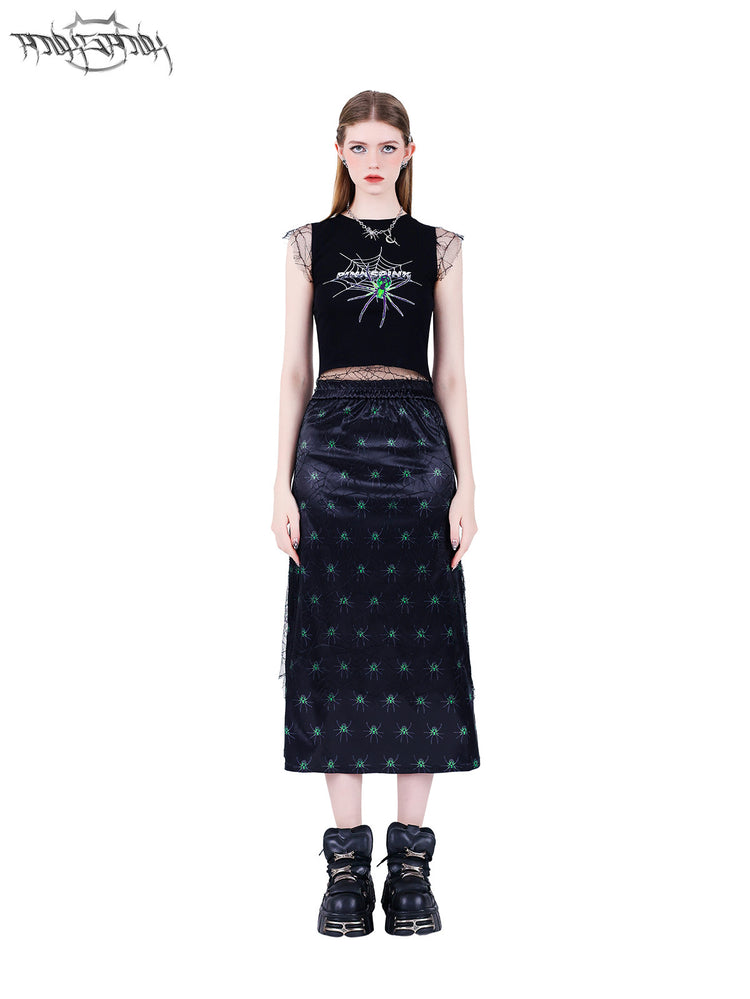 PINKSPINK SPIDER layered web-mesh midi skirt — front full-length modeled view styled with a web-print crop top