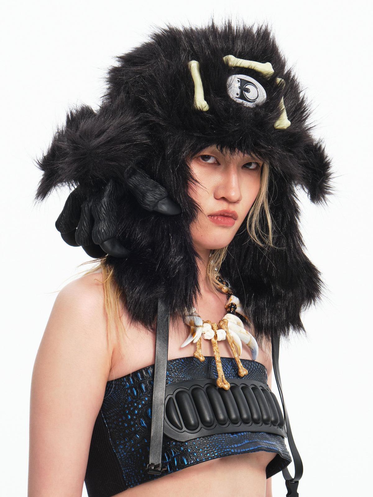 EMBRYO BLACK BEAST bone-detail faux-fur hat — construction detail