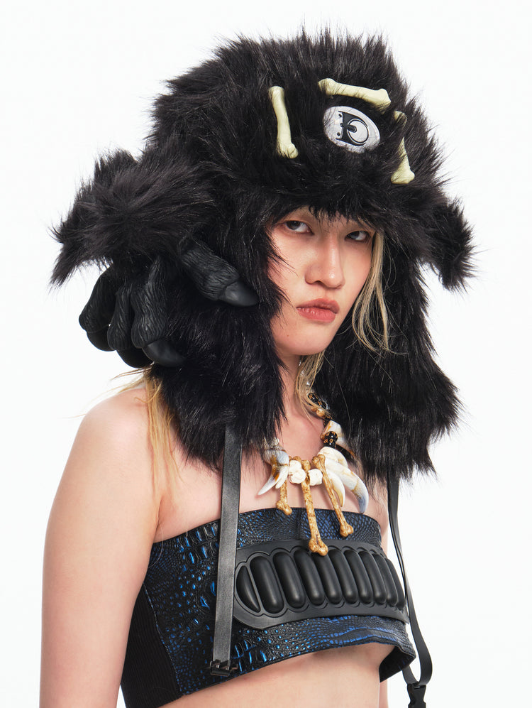 EMBRYO BLACK BEAST bone-detail faux-fur hat — construction detail