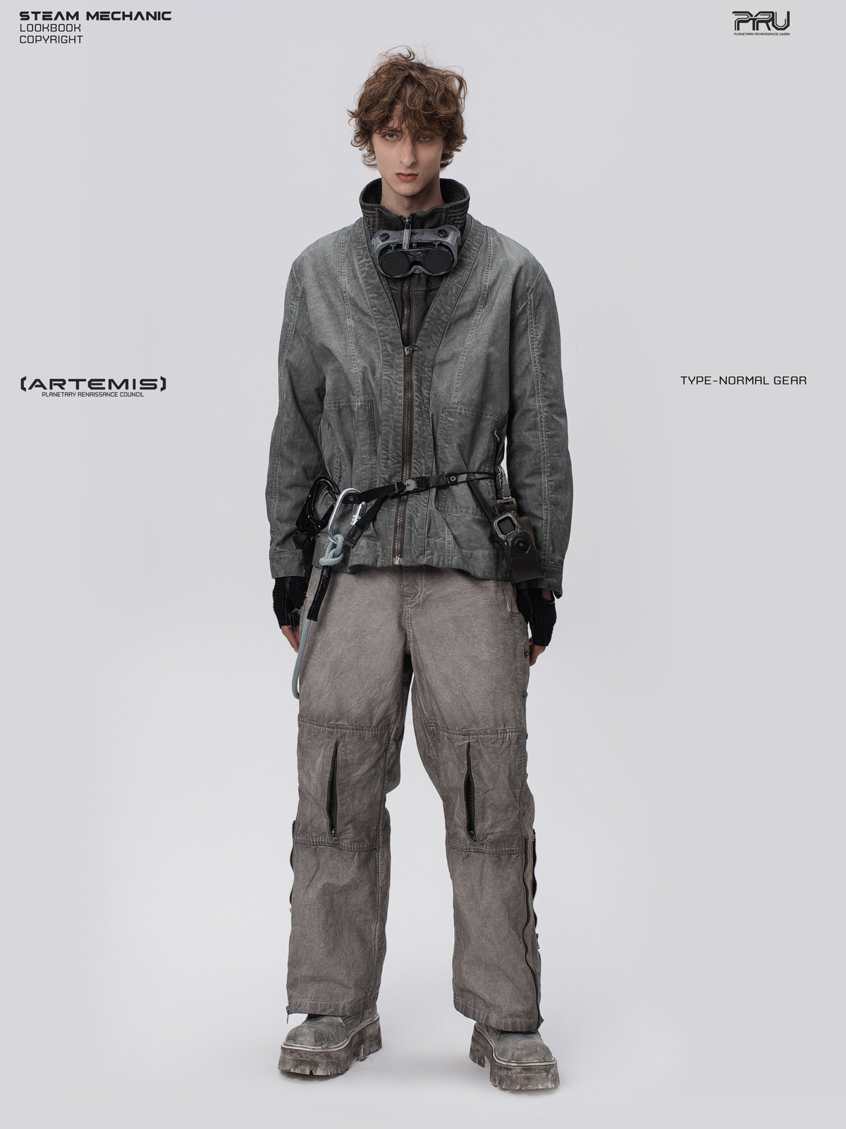GAIA meteor gray open-collar technical robe — full-length modeled front view showing the open collar and belted styling