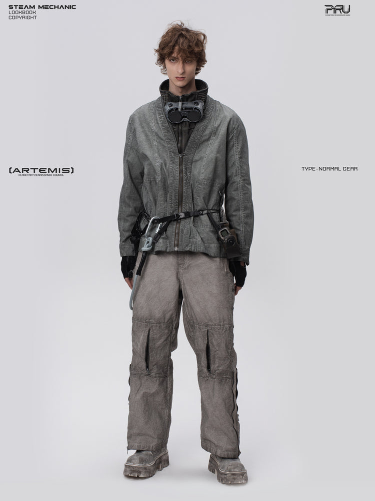 GAIA meteor gray open-collar technical robe — full-length modeled front view showing the open collar and belted styling