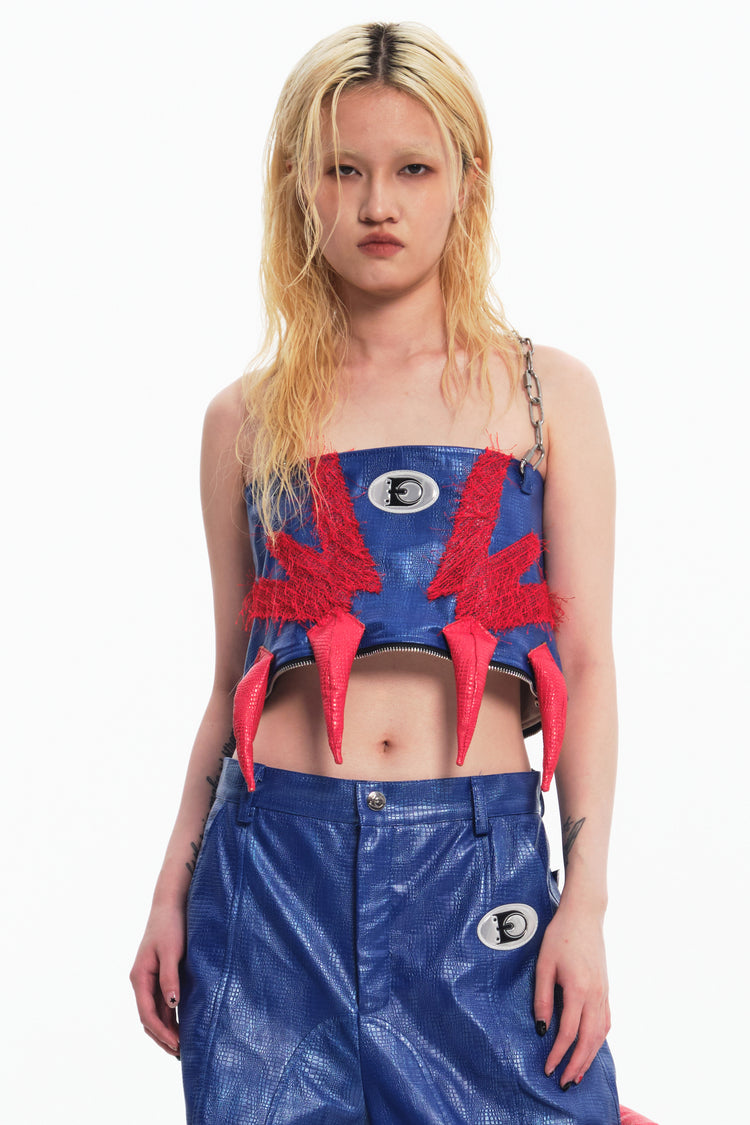 EMBRYO RED CLAW padded PU tube top — close modeled view