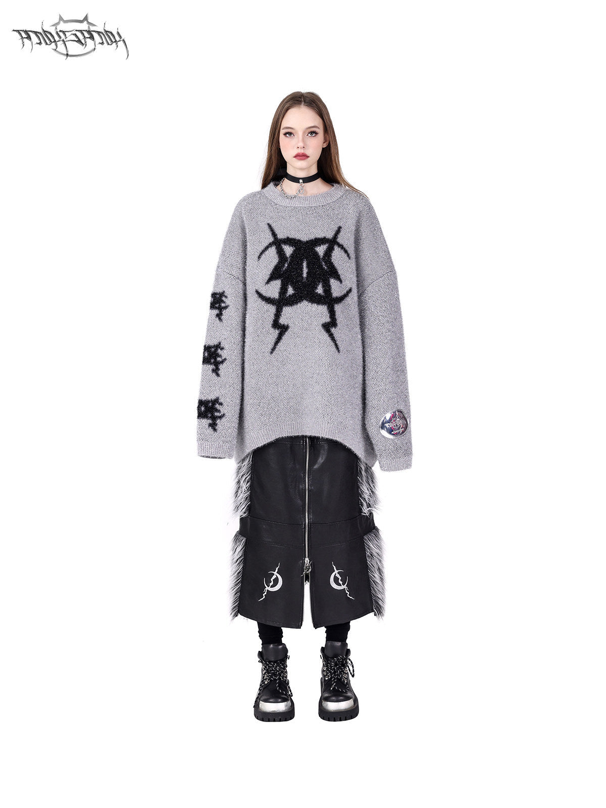PINKSPINK ELECTRIC MOON shimmer-knit oversized sweater — silver-gray straight full-length front view