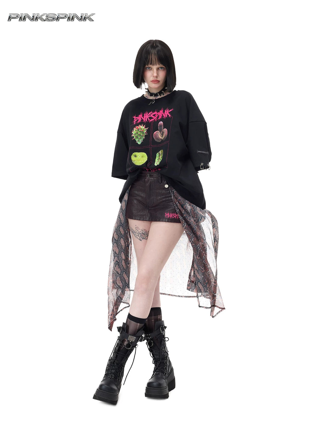 PINKSPINK VENOM rhinestone mesh shirt and mini skirt set in black and red — full front view with the mesh shirt tied around the waist over the mini skirt