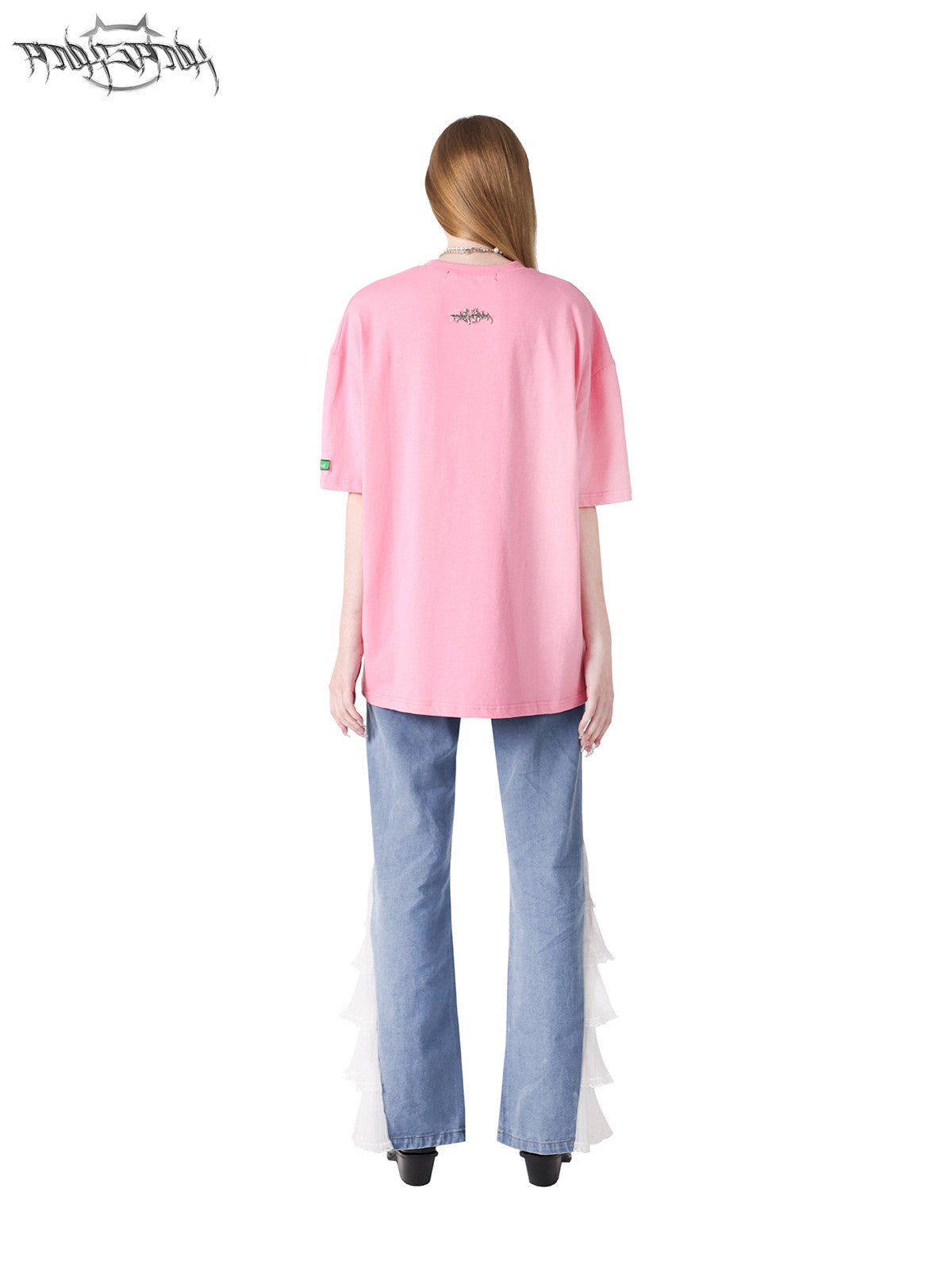 PINKSPINK GARFIELD oversized graphic tee — pink back modeled view showing the loose silhouette