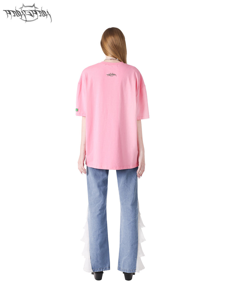 PINKSPINK GARFIELD oversized graphic tee — pink back modeled view showing the loose silhouette