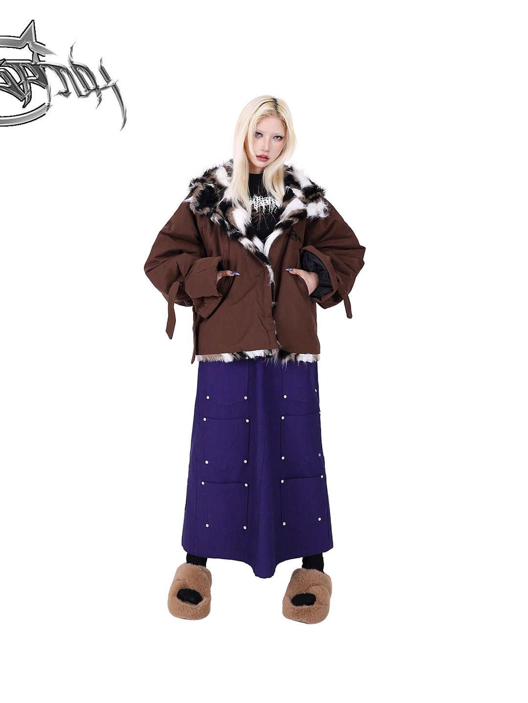 PINKSPINK DNA reconstructed multi-pocket denim maxi skirt — front full-length modeled view with hands in the padded jacket pockets