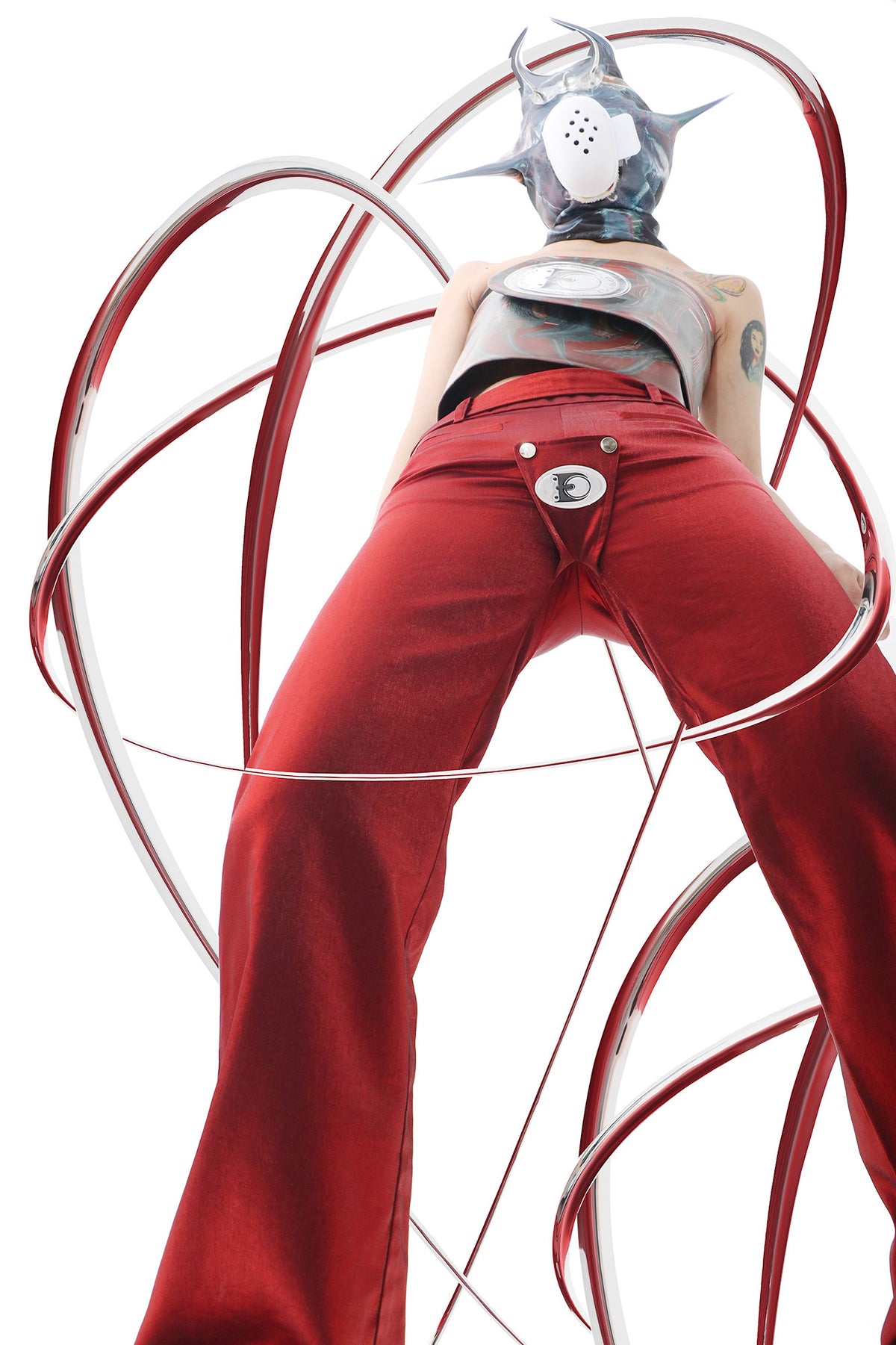 EMBRYO FIVE POISONS color-shift low-rise pants — fabric and graphic detail