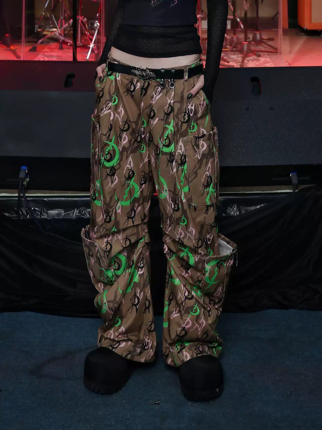 PINKSPINK ELECTRIC MOON sculpted camo cargo trousers in CAMOUFLAGE — close front hero showing sculpted cargo pockets.