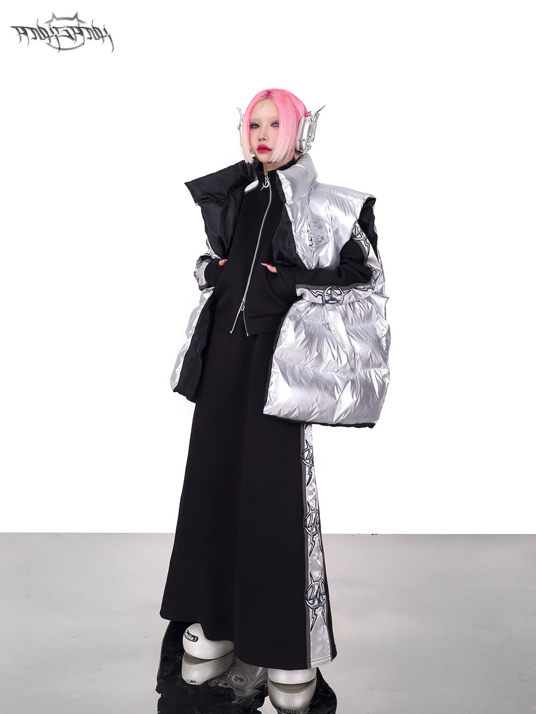 PINKSPINK ORBIT reversible padded vest in black silver — silver-side front full-length modeled view with the vest open