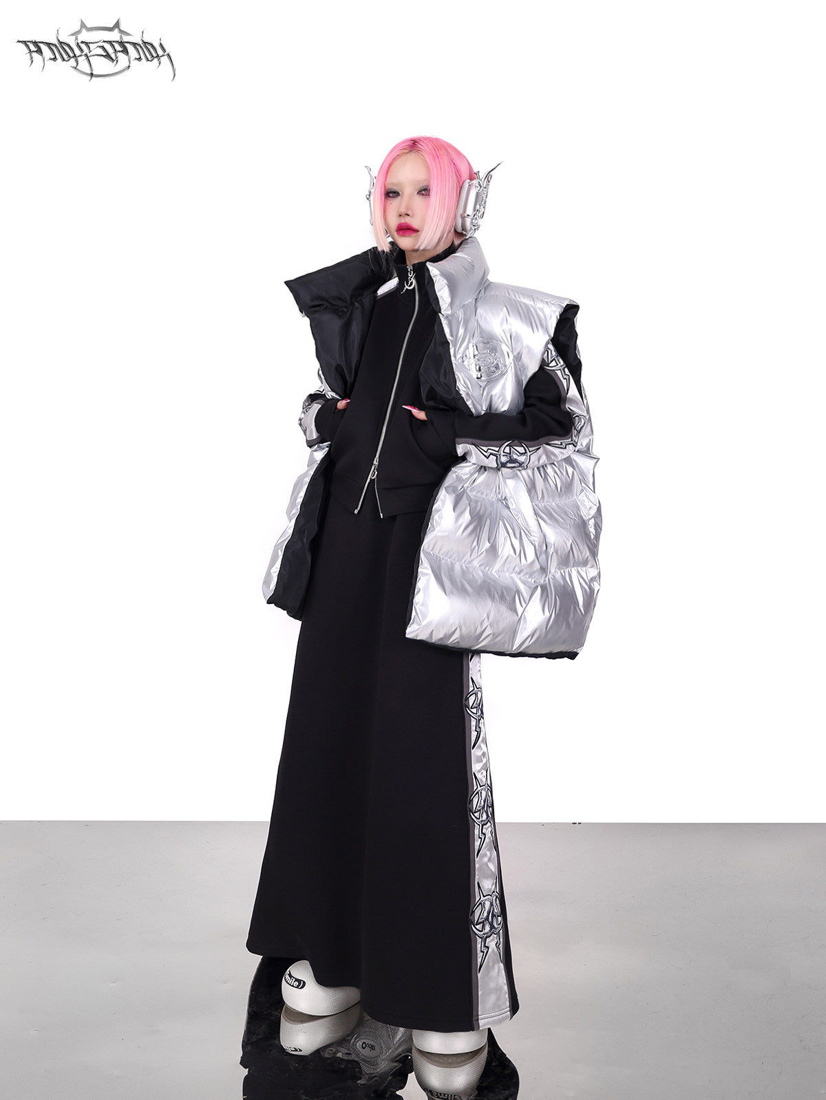 PINKSPINK ORBIT reversible padded vest in black silver — silver-side front full-length modeled view with the vest open