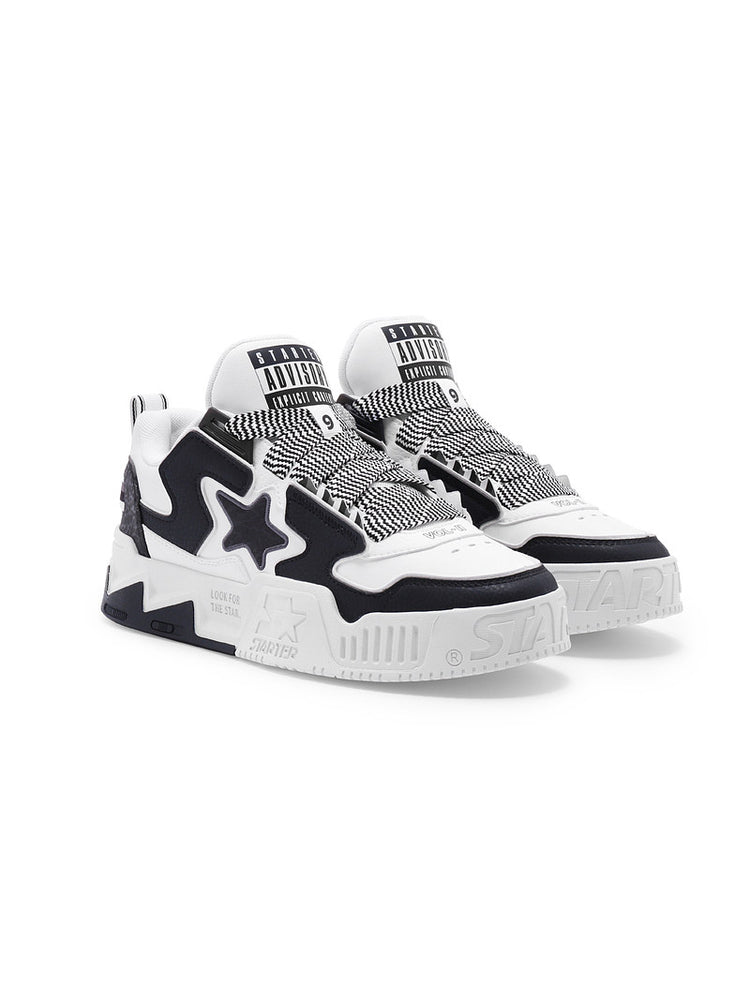 STARTER VOL 90S Panda Black sneakers, clean studio pair view showing the layered star panels