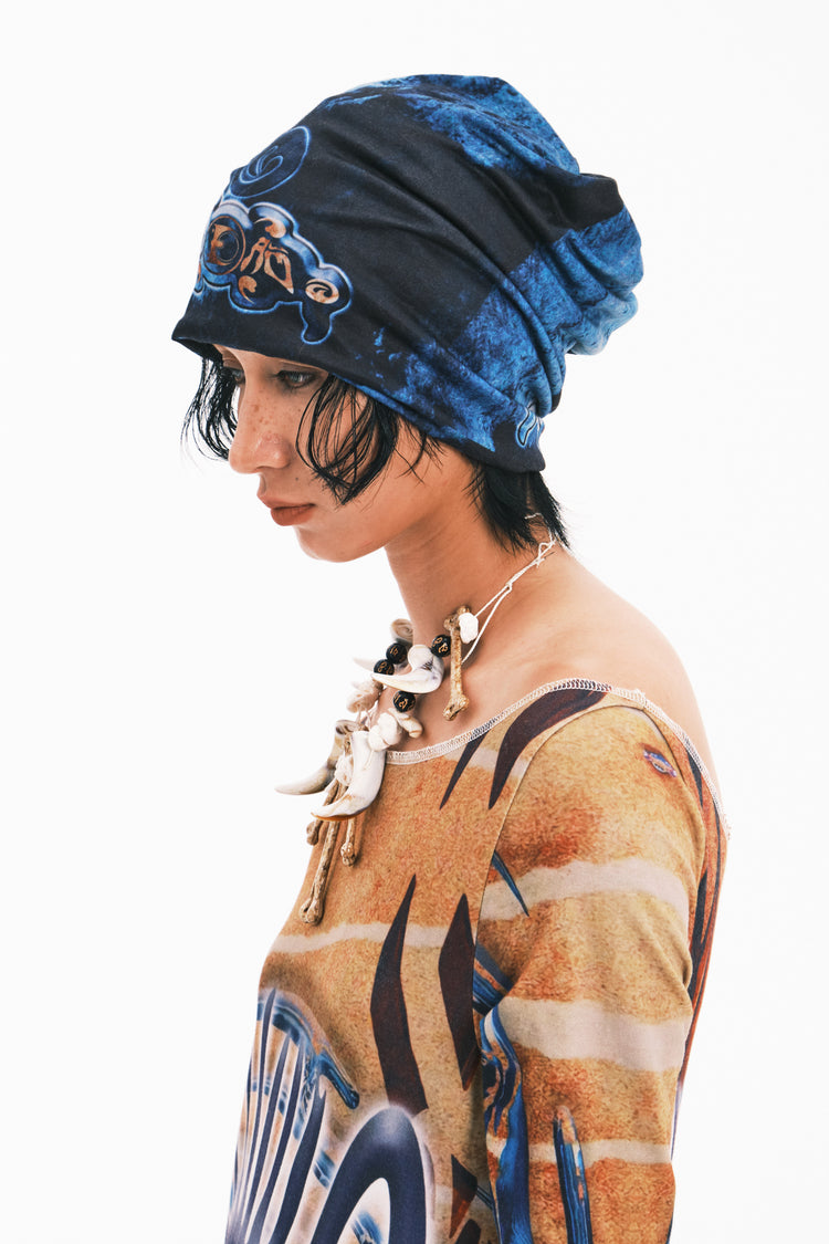 EMBRYO ANCIENT CODE graphic slouch beanie — construction detail