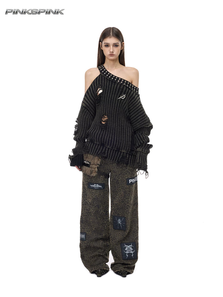 PINKSPINK LEOPARD RIOT detachable-pouch wide-leg pants — front full-length styling with distressed knit