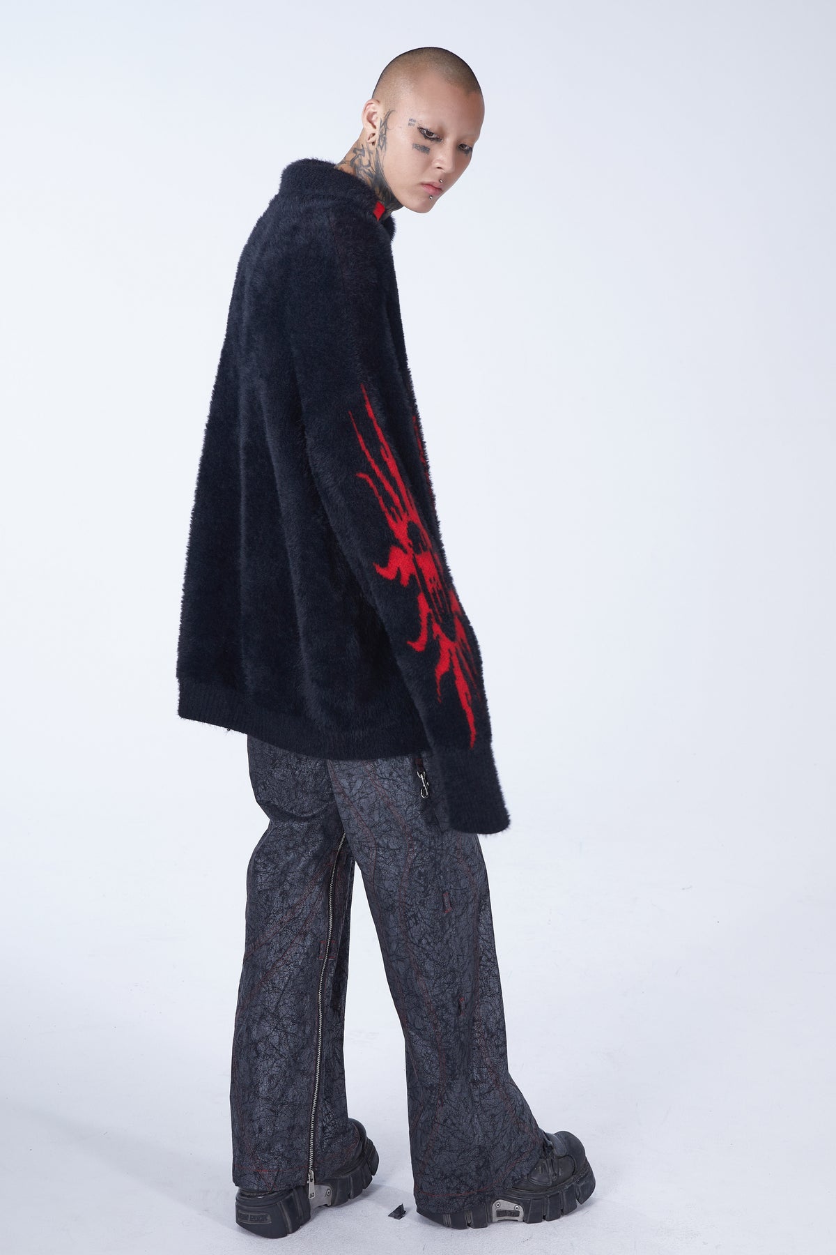 EMBRYO IMPERIAL SEAL reversible faux-mink sweater — rear modeled view