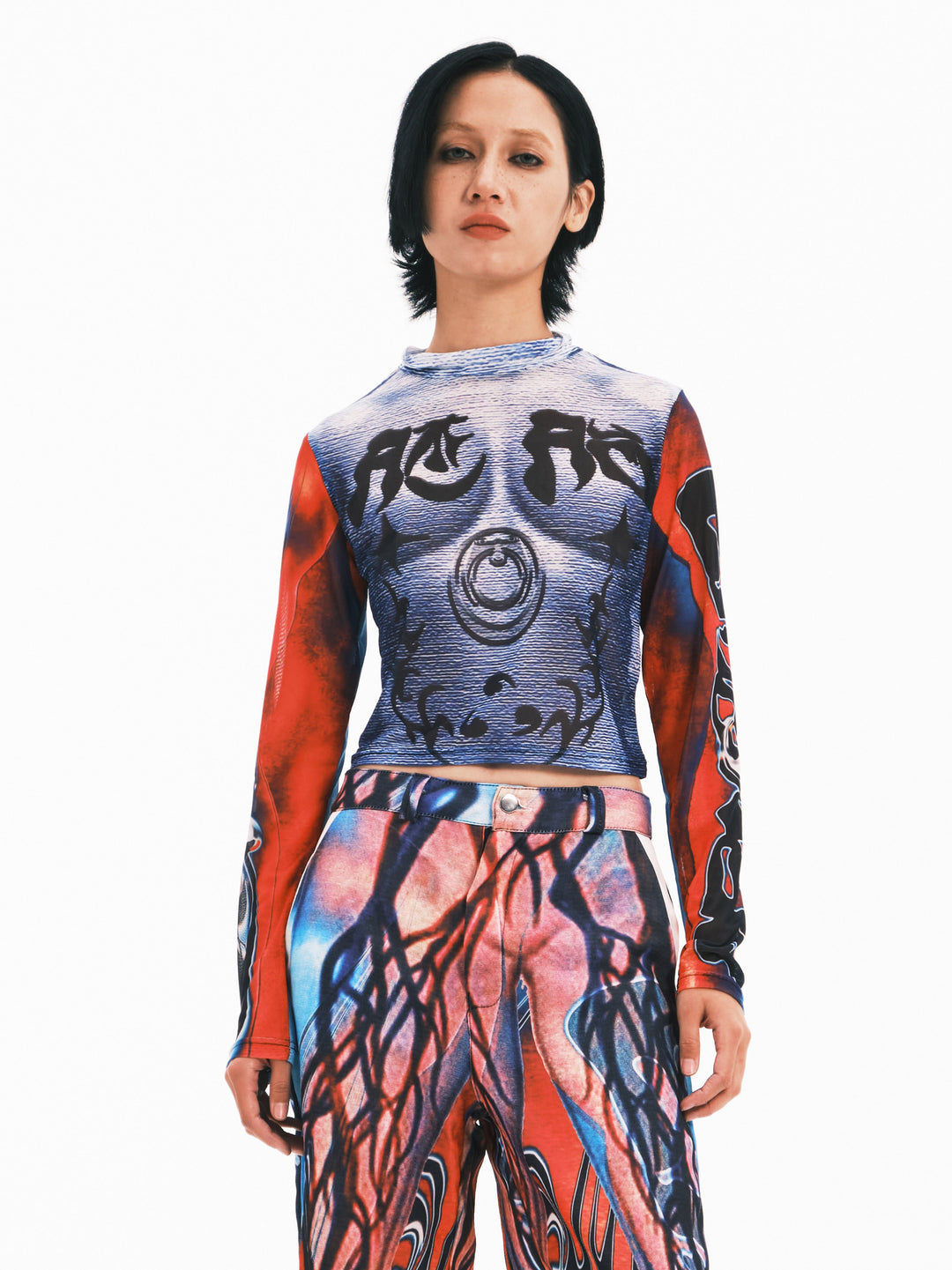 EMBRYO MYSTIC TOTEM fitted mesh crop top — front modeled view