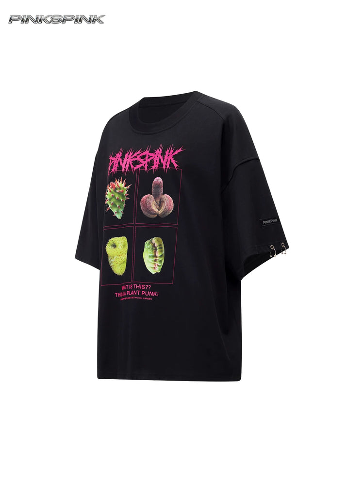 PINKSPINK PLANT PUNK oversized graphic tee in black — isolated angled garment view showing the botanical graphic and sleeve hardware