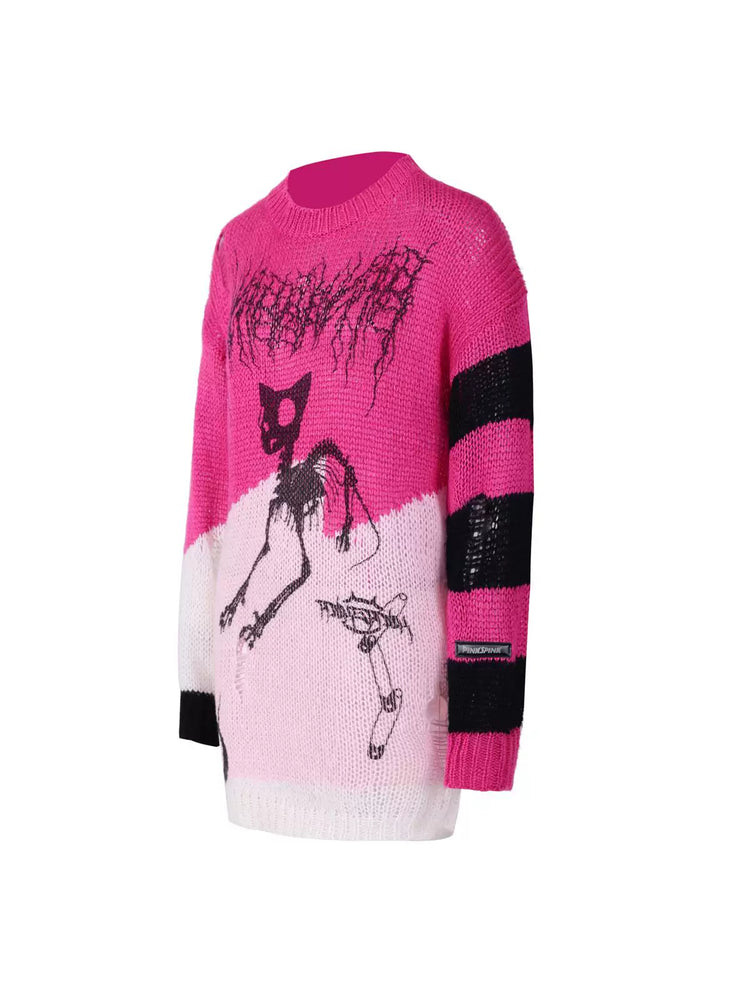 PINKSPINK SPHYNX distressed striped graphic sweater — pink graphic sweater — front garment-only view