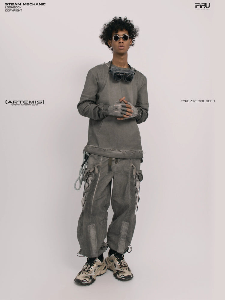 CHAOS ERA moon dust gray raw-edge long-sleeve top — full-length front view looking upward
