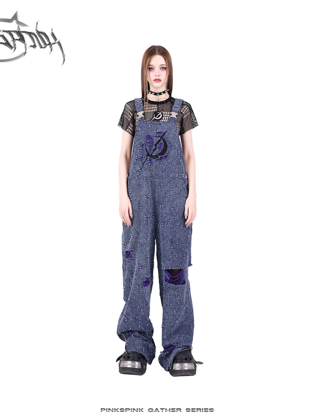 PINKSPINK GEOMETRY open-mesh crop tee in black — front full-length styling view with purple denim overalls